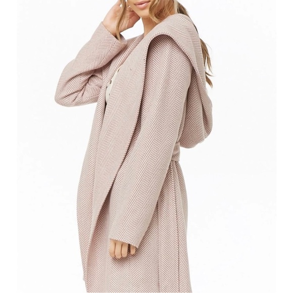 Medium Mauve Pink Chevron Belted Hooded Dress Coat Jacket NEW from Forever21 - Picture 3 of 11